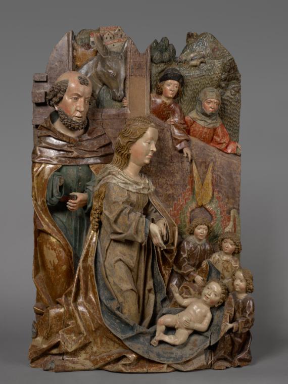 Hans Klocker, Geburt Christi, um 1485/1490, Fichtenholz mit großteils originaler Fassung und Ve…