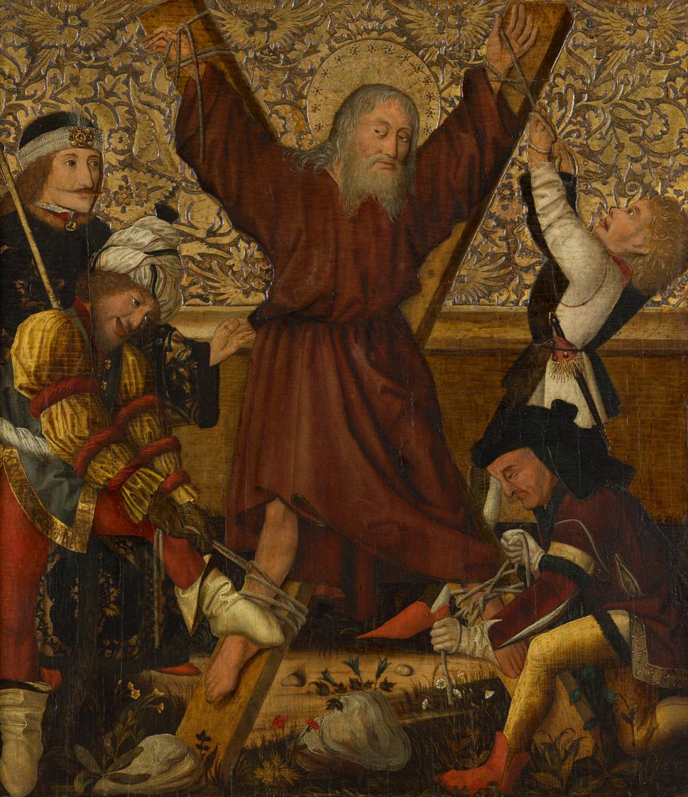 Steirischer Maler, Martyrium des hl. Andreas, um 1470, Malerei auf Tannenholz, 81,5 x 71,5 cm, …