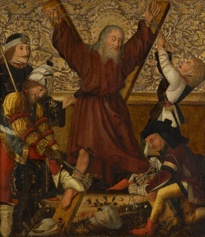 Steirischer Maler, Martyrium des hl. Andreas, um 1470, Malerei auf Tannenholz, 81,5 x 71,5 cm, …