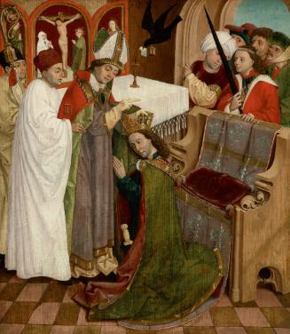 Meister der Oswaldlegende, Krönung des hl. Oswald, um 1480/1485, Malerei auf Tannenholz, 96 × 8…