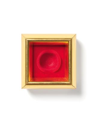 Maria Hahnenkamp, O. T. (Parfum-Devotionalie I. – Roter Seidenfilz Nr. 30), 1995, Seidenbeflock…