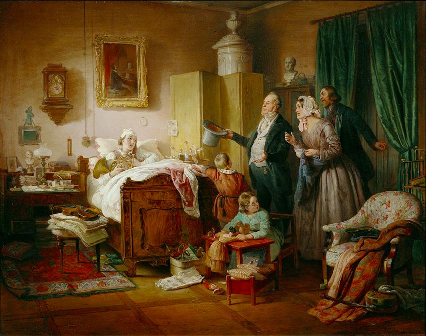 Eduard Ritter, Der kranke Musiker, 1847, Öl auf Holz, 49 x 60 cm, Belvedere, Wien, Inv.-Nr. 363…