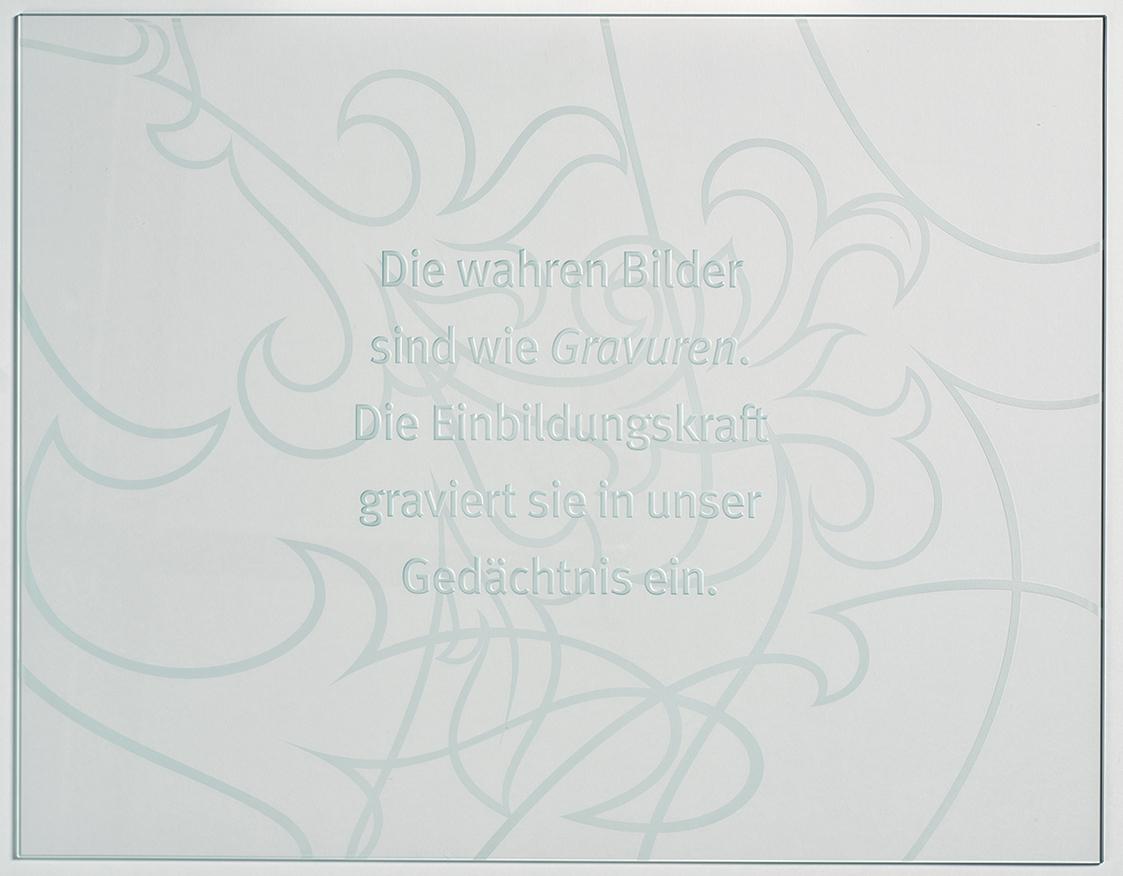 Maria Hahnenkamp, Gravuren, 2012/2015, Glasbild; Weissglas mit Sandstrahlung in flacher und mit…