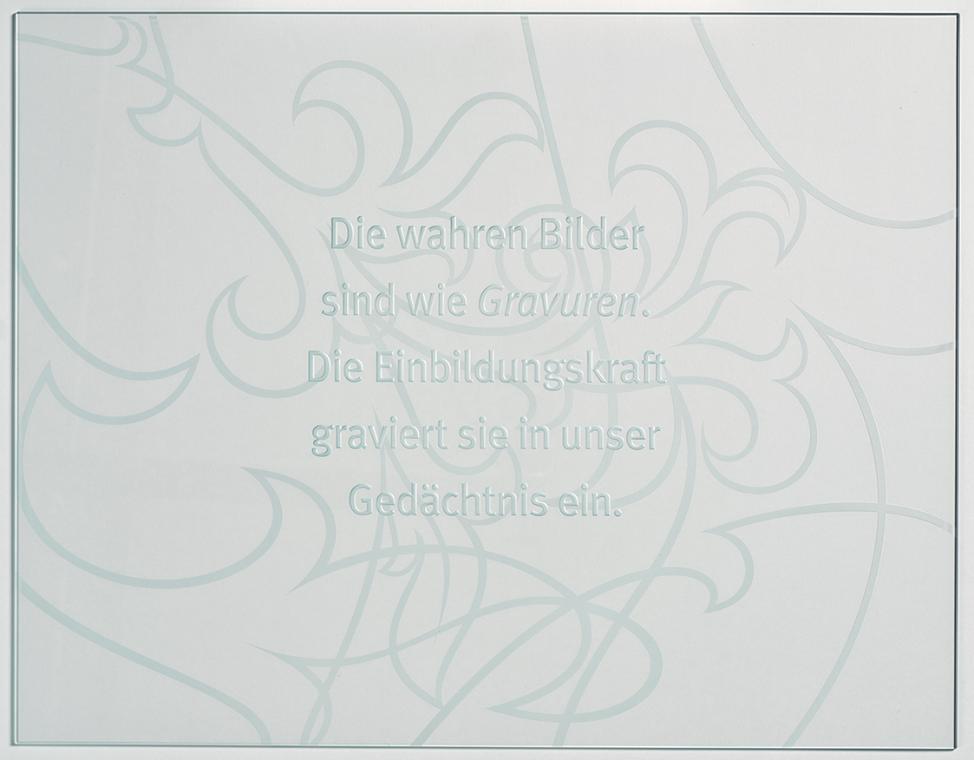 Maria Hahnenkamp, Gravuren, 2012/2015, Glasbild; Weissglas mit Sandstrahlung in flacher und mit…