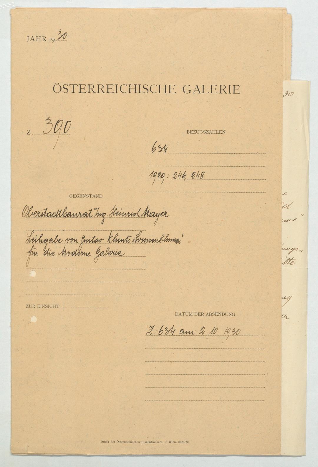 Oberstadtbaurat Ing. Heinrich Mayer. Leihgabe von Klimts "Sonnenblume" für die Moderne Galerie