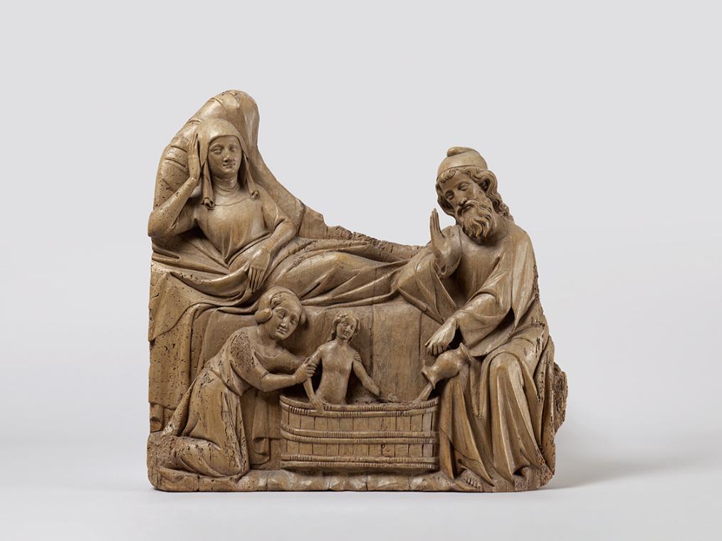 Rheinländischer Bildschnitzer , Geburt Mariens, um 1340/1350, Nussbaumholz, 54 x 53 cm, 1999 Le…