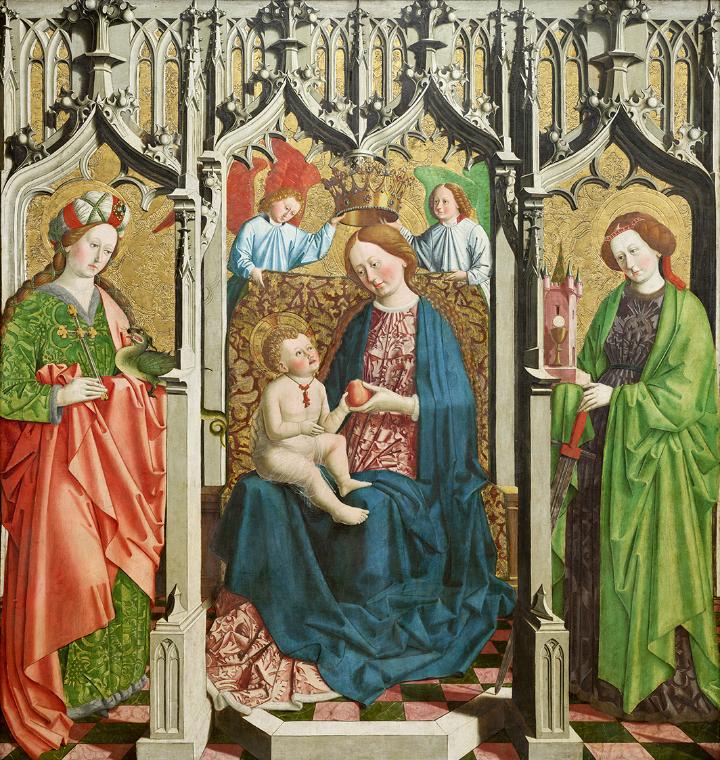 Meister von Uttenheim, Thronende Maria mit den Heiligen Margarete und Barbara, um 1460/1470, Ma…
