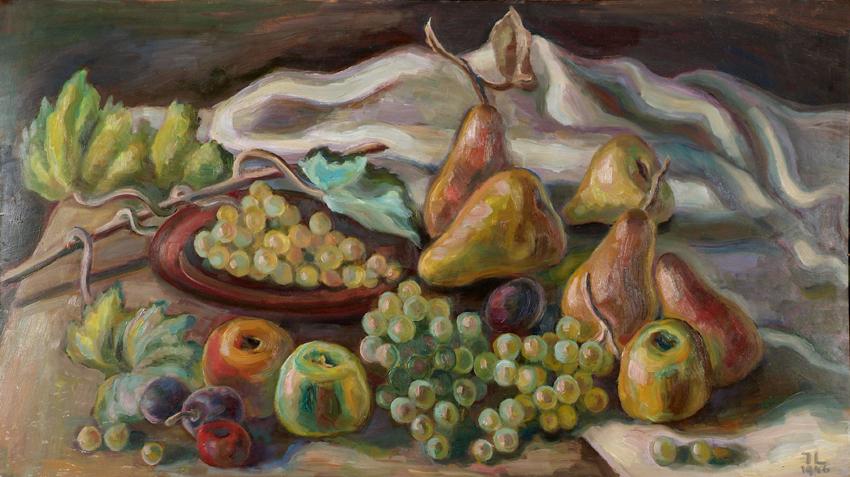 Irma Lang-Scheer, Stillleben mit Äpfeln, Birnen und Weintrauben, 1946, Öl auf Karton, 50 x 89 c…