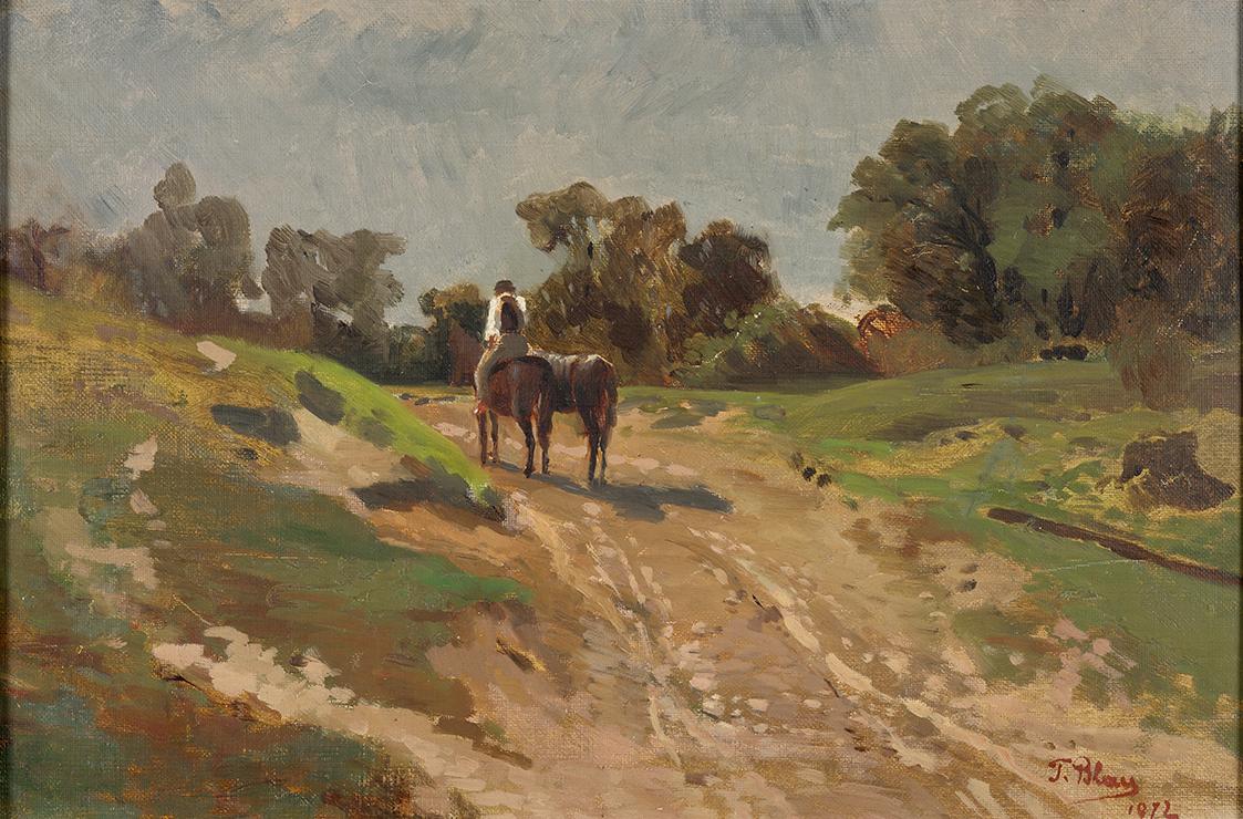 Tina Blau, Reiter, 1872, Öl auf Leinwand, 31,1 × 46,4 cm, Belvedere, Wien, Inv.-Nr. 12260