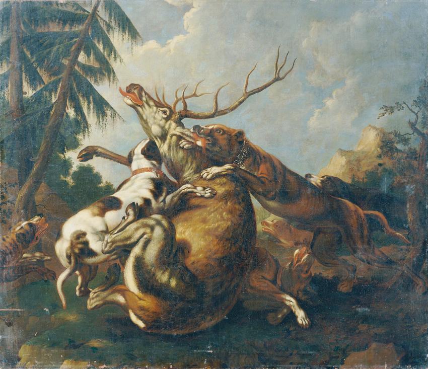 Benno Raffael Adam, Hirschjagd, um 1860, Öl auf Leinwand, 208 x 243 cm, Belvedere, Wien, Inv.-N…