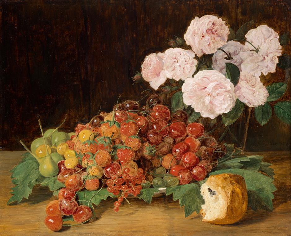 Ferdinand Georg Waldmüller, Stillleben mit Rosen, Erdbeeren und Brot, 1827, Öl auf Holz, 29 × 3…