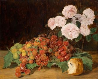 Ferdinand Georg Waldmüller, Stillleben mit Rosen, Erdbeeren und Brot, 1827, Öl auf Holz, 29 × 3…
