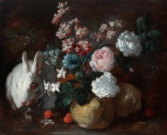 Franz Werner Tamm, Stillleben mit Kaninchen, Blumen und Früchten, um 1720/1724, Öl auf Leinwand…