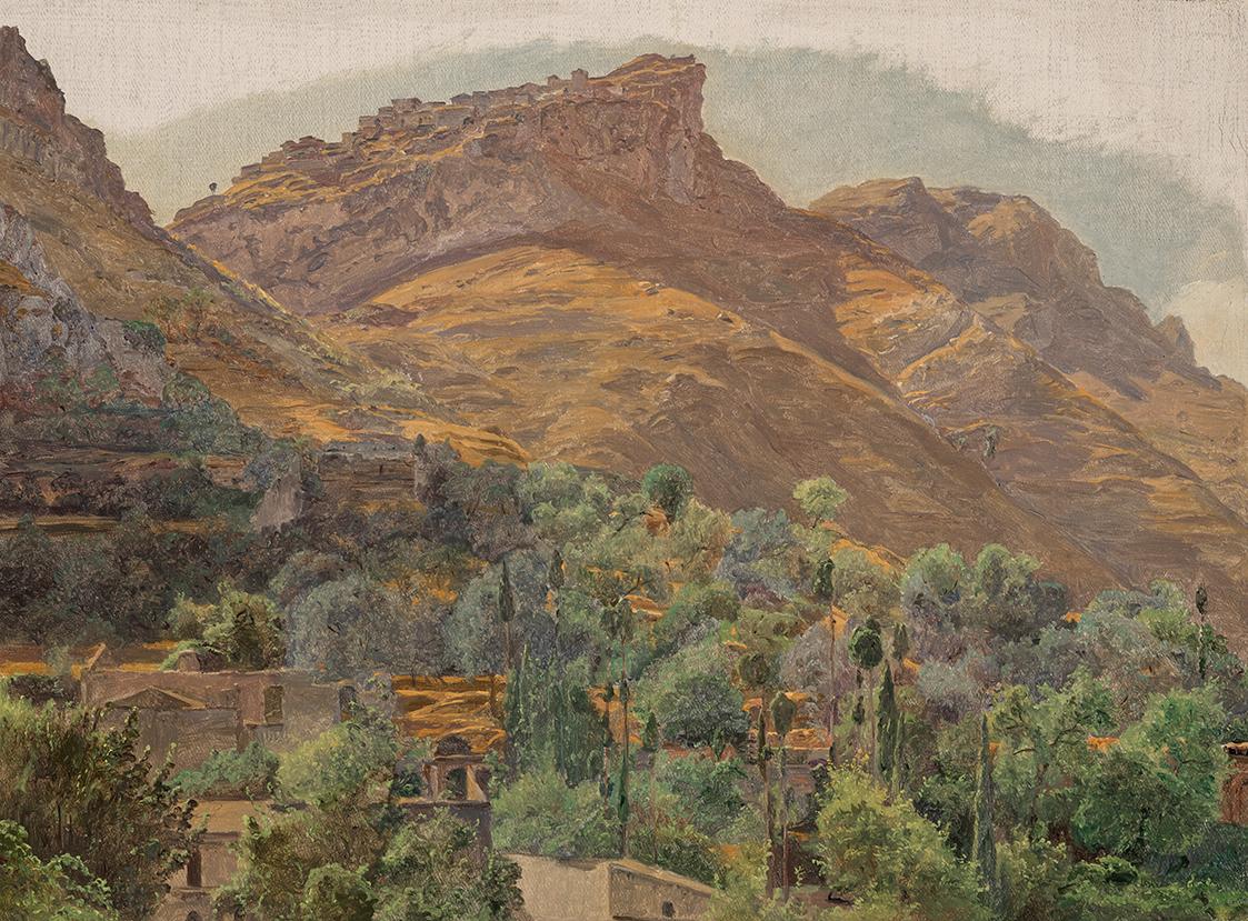 Ferdinand Georg Waldmüller, Blick zur Bergstadt Mola bei Taormina, um 1844, Öl auf Leinwand, 23…