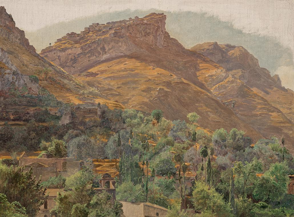 Ferdinand Georg Waldmüller, Blick zur Bergstadt Mola bei Taormina, um 1844, Öl auf Leinwand, 23…