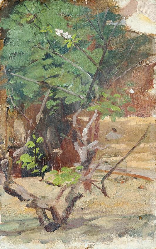 Otto Friedrich, Verästelter, junger Baum mit zwei Blüten, undatiert, Öl auf Holz, 26 x 16,2 cm,…