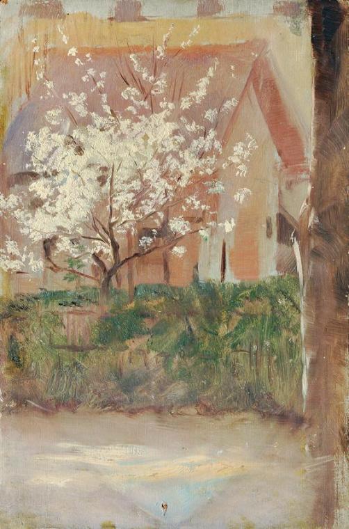 Otto Friedrich, Weißblühender Baum im Vorgarten, undatiert, Öl auf Holz, 27 x 18 cm, Belvedere,…