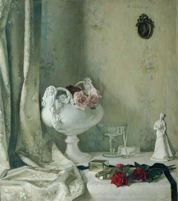 Paul W. Erhardt, Stillleben mit Porzellan und roten Rosen, 1939, Öl auf Leinwand, 81 x 71 cm, B…