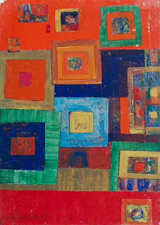 Heinrich Tahedl, Rote Komposition, 1981, Acryl auf Hartfaserplatte, ungerahmt: 105 × 75 × 3 cm,…