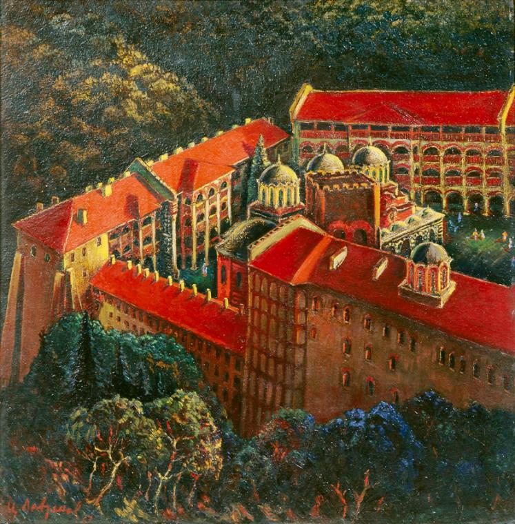 Zanko Lawrenow, Die roten Dächer (Rila-Kloster), 1961, Öl auf Holz, 56 x 55 cm, Belvedere, Wien…