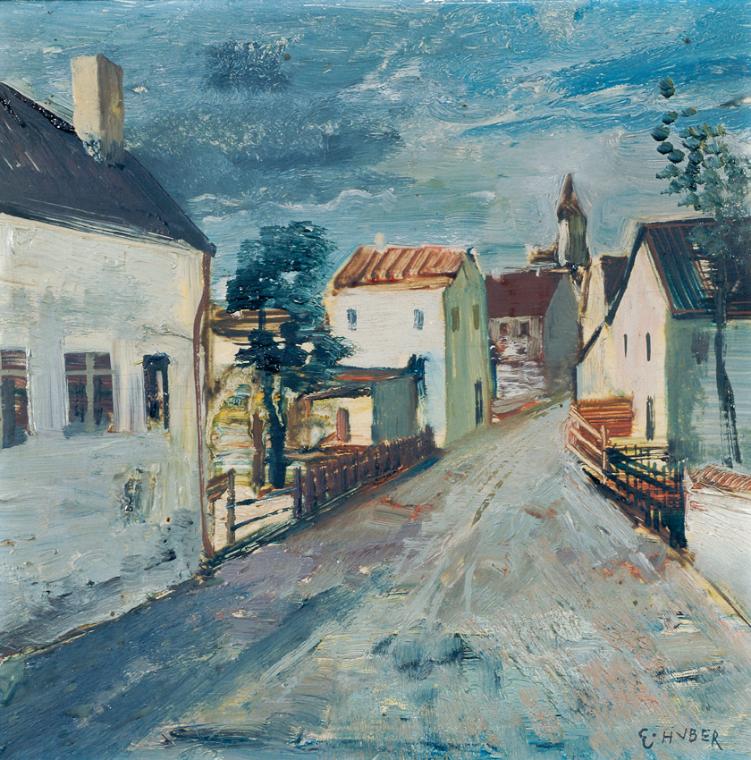 Ernst Huber, Dorfstraße, 1930, Öl auf Holz, 29 x 29 cm, Belvedere, Wien, Inv.-Nr. 9572