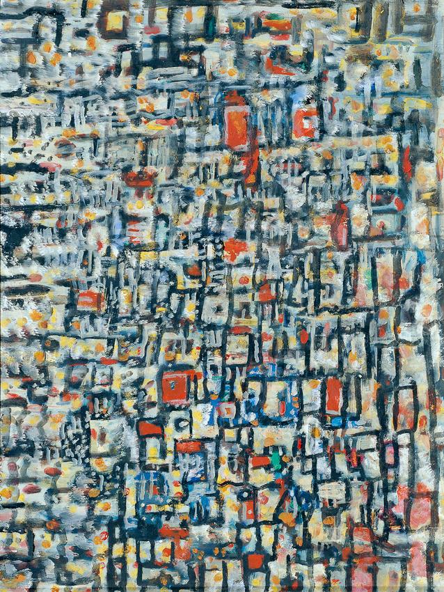 Arthur Tashko, Tejido - Precolombino en Grises con Acentos Rojos (Komposition), 1987, Öl auf Pr…