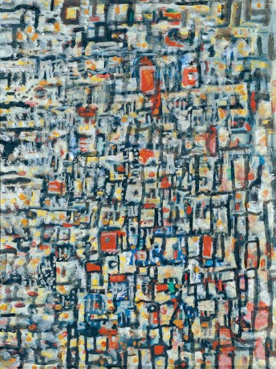 Arthur Tashko, Tejido - Precolombino en Grises con Acentos Rojos (Komposition), 1987, Öl auf Pr…
