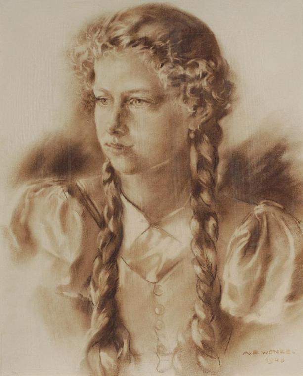 August Eduard Wenzel, Mädchen mit Zöpfen, 1948, Bister auf Pappe, 55 x 45 cm, Belvedere, Wien, …