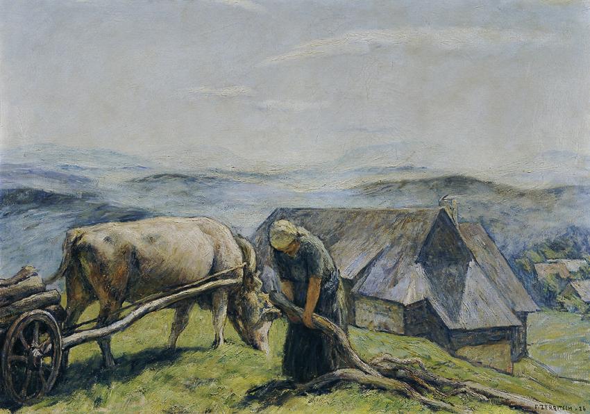 Fritz Zerritsch, Landschaft mit Bäuerin und Ochsenkarren, 1926, Öl auf Leinwand, 65 x 91 cm, Be…