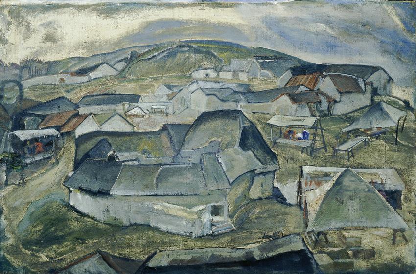Anton Velim, Trauerndes Dorf, 1920er-Jahre, Öl auf Leinwand auf Pressspanplatte, 64 x 97,5 cm, …