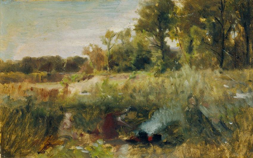 Johann Till d. J., Aulandschaft mit Kindern am Feuer, Öl auf Karton, 17,5 x 27,5 cm, Belvedere,…