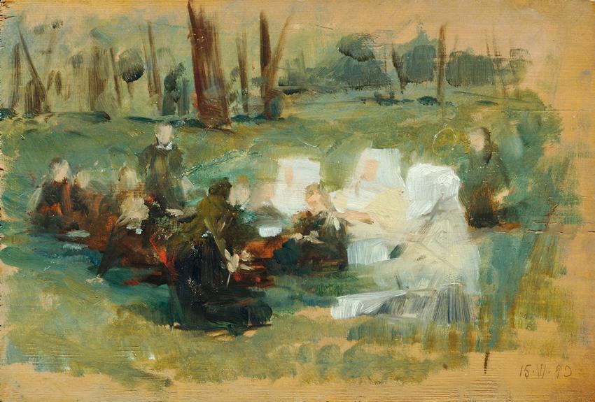 Otto Friedrich, Kindergruppe mit drei weißgekleideten Nonnen und einem Geistlichen auf einer Wa…