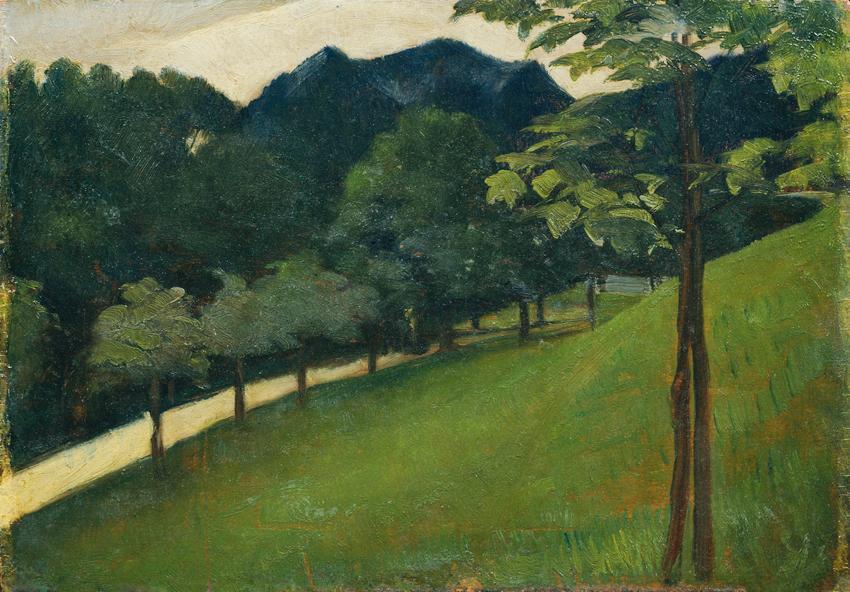 Otto Friedrich, Blick von einem grünen Abhang gegen eine Allee, 1902, Öl auf Holz, 18,8 x 27 cm…