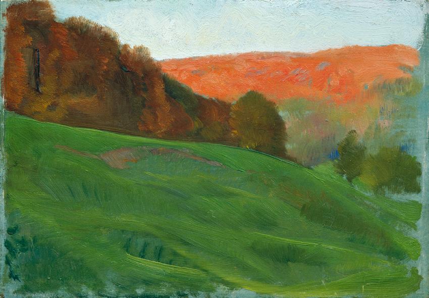 Otto Friedrich, Herbstlicher Wald hinter grüner Wiese, um 1905/1910, Öl auf Holz, 18,7 x 27 cm, ...