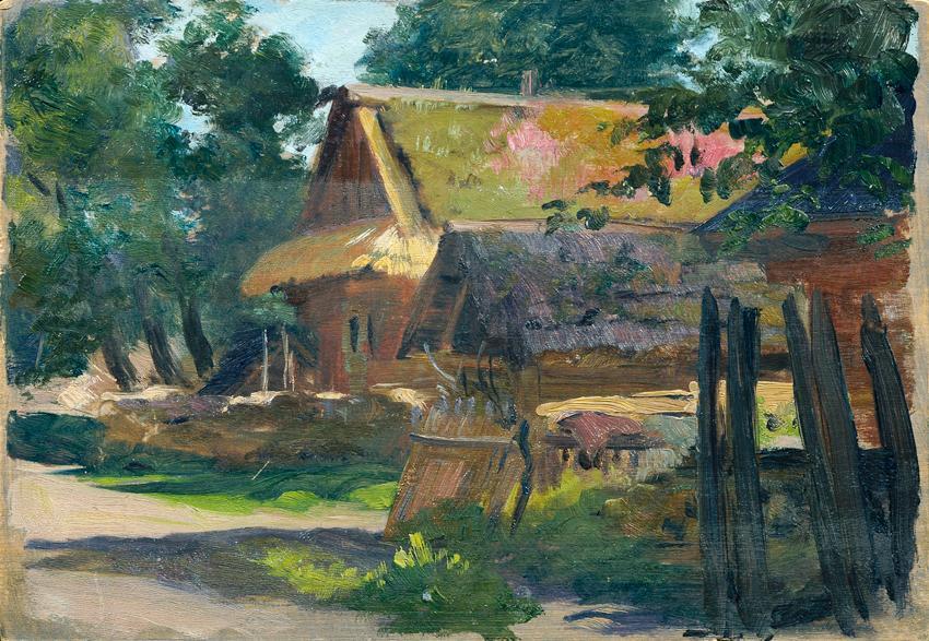 Otto Friedrich, Zwei strohgedeckte Bauernhütten, undatiert, Öl auf Holz, 18,7 x 27 cm, Belveder…