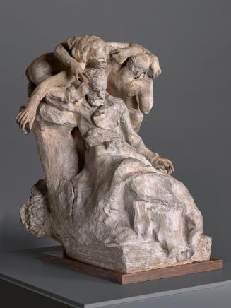 The sculpture depicts a dynamic composition of three figures intertwined closely. A male figure sits prominently in the foreground, while two female figures lean on him and embrace his shoulders. The representation conveys a strong emotional bond between the figures, each taking different poses and exuding a sense of movement and interaction. The texture of the surface is detailed and reminiscent of worked material.

[AI-generated with ChatGPT]