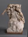 The sculpture depicts a dynamic composition of three figures intertwined closely. A male figure sits prominently in the foreground, while two female figures lean on him and embrace his shoulders. The representation conveys a strong emotional bond between the figures, each taking different poses and exuding a sense of movement and interaction. The texture of the surface is detailed and reminiscent of worked material.

[AI-generated with ChatGPT]
