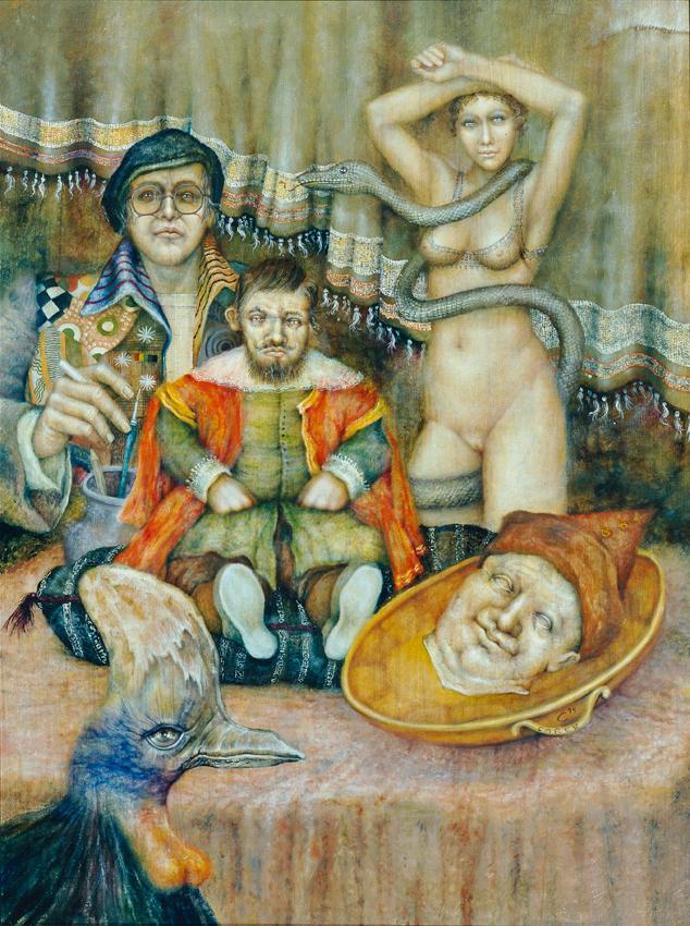 Peter Carer, Nacht bei den Komödianten, 1979, Öl auf Leinwand auf Hartfaserplatte, 92,5 × 70 cm…