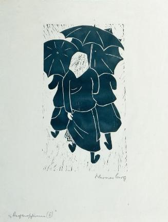 Werner Berg, Regenschirme II, 1950, Holzschnitt, 40 x 23,5 cm, Artothek des Bundes, Dauerleihga…