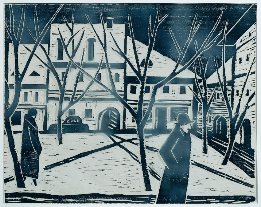 Werner Berg, Dorfplatz im Winter, 1956, Holzschnitt, Artothek des Bundes, Dauerleihgabe im Belv…