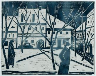 Werner Berg, Dorfplatz im Winter, 1956, Holzschnitt, Artothek des Bundes, Dauerleihgabe im Belv ...