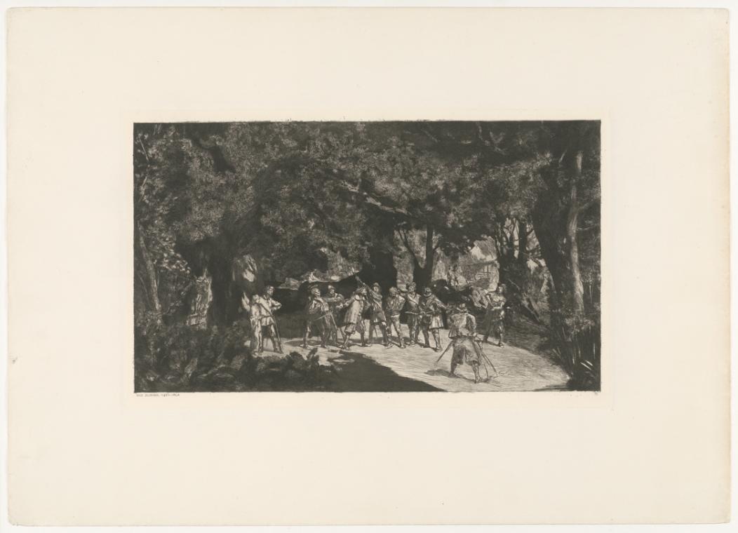 The image depicts several figures standing or moving in a wooded landscape. They are dressed in historical clothing, suggesting a bygone era. The figures appear to be engaged in some form of activity or interaction with one another. In the background, there are trees and a partially visible landscape that features dense vegetation.

[AI-generated with ChatGPT]