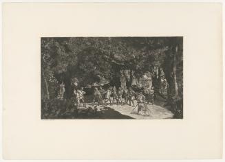 The image depicts several figures standing or moving in a wooded landscape. They are dressed in historical clothing, suggesting a bygone era. The figures appear to be engaged in some form of activity or interaction with one another. In the background, there are trees and a partially visible landscape that features dense vegetation.

[AI-generated with ChatGPT]