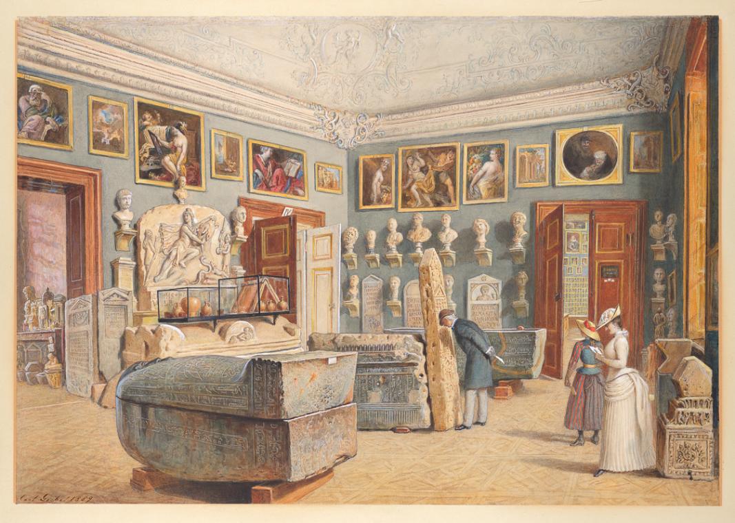 Das Zimmer mit dem Mithras- und den ägyptischen Sarkophagen