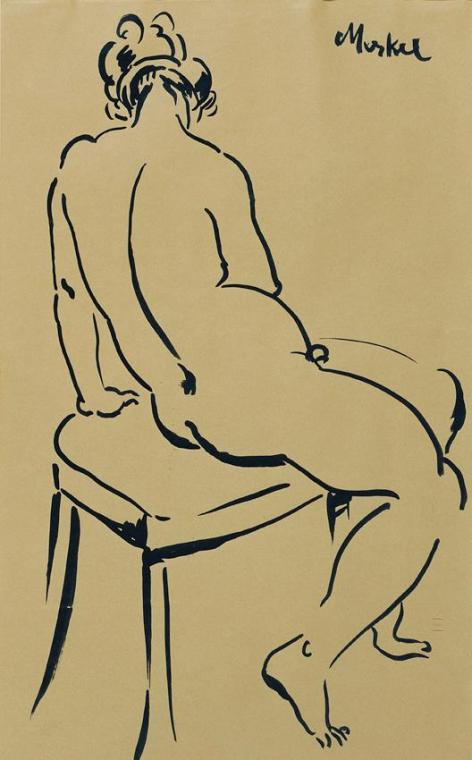 Georg Merkel, Sitzender weiblicher Rückenakt, undatiert, Tusche auf Papier, 45 x 28 cm, Belvede…