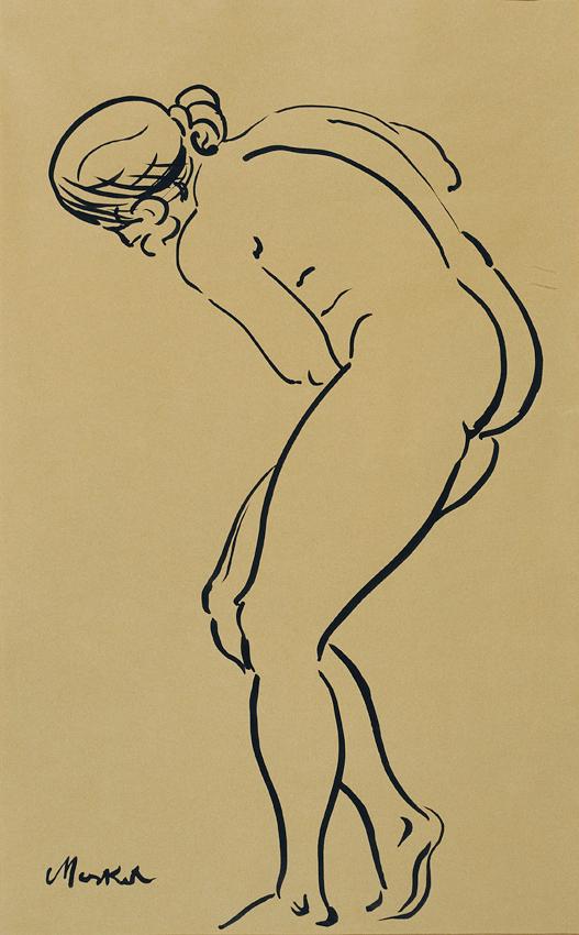 Georg Merkel, Stehender Akt, undatiert, Tusche auf Papier, 44,5 x 28 cm, Belvedere, Wien, Inv.-…