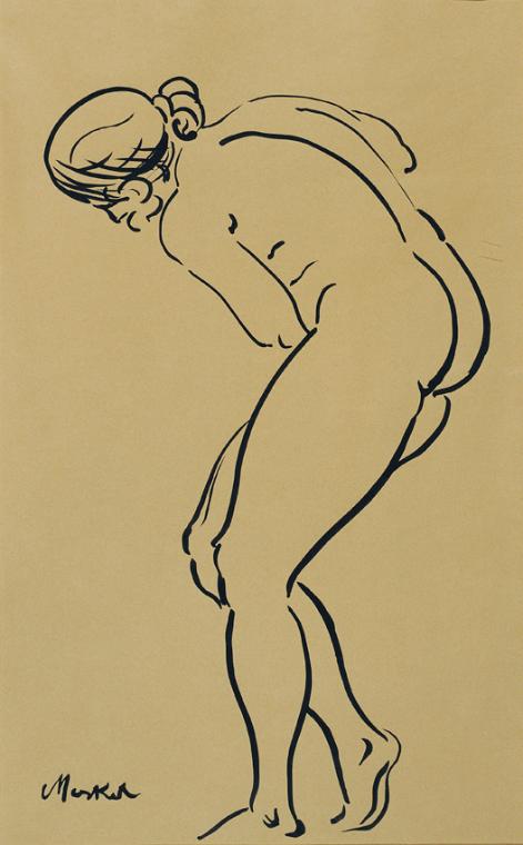 Georg Merkel, Stehender Akt, undatiert, Tusche auf Papier, 44,5 x 28 cm, Belvedere, Wien, Inv.-…