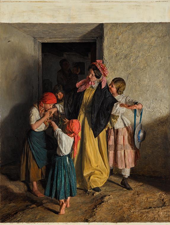 The image depicts several girls and a woman in an interior setting. The woman stands in the foreground wearing a dress and a prominent headpiece. She is embracing one of the girls while another girl stands beside her. Two girls appear to be engaged in a playful interaction with each other. The background shows a simple wall and a door leading into another room.

[AI-generated with ChatGPT]