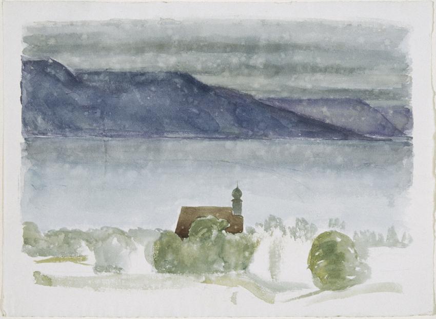 Walther Gamerith, Landschaft mit Kirche und See, undatiert, Aquarell auf Papier, 28,5 x 38,5 cm…