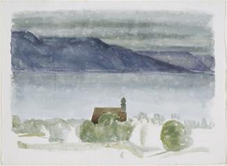 Walther Gamerith, Landschaft mit Kirche und See, undatiert, Aquarell auf Papier, 28,5 x 38,5 cm…